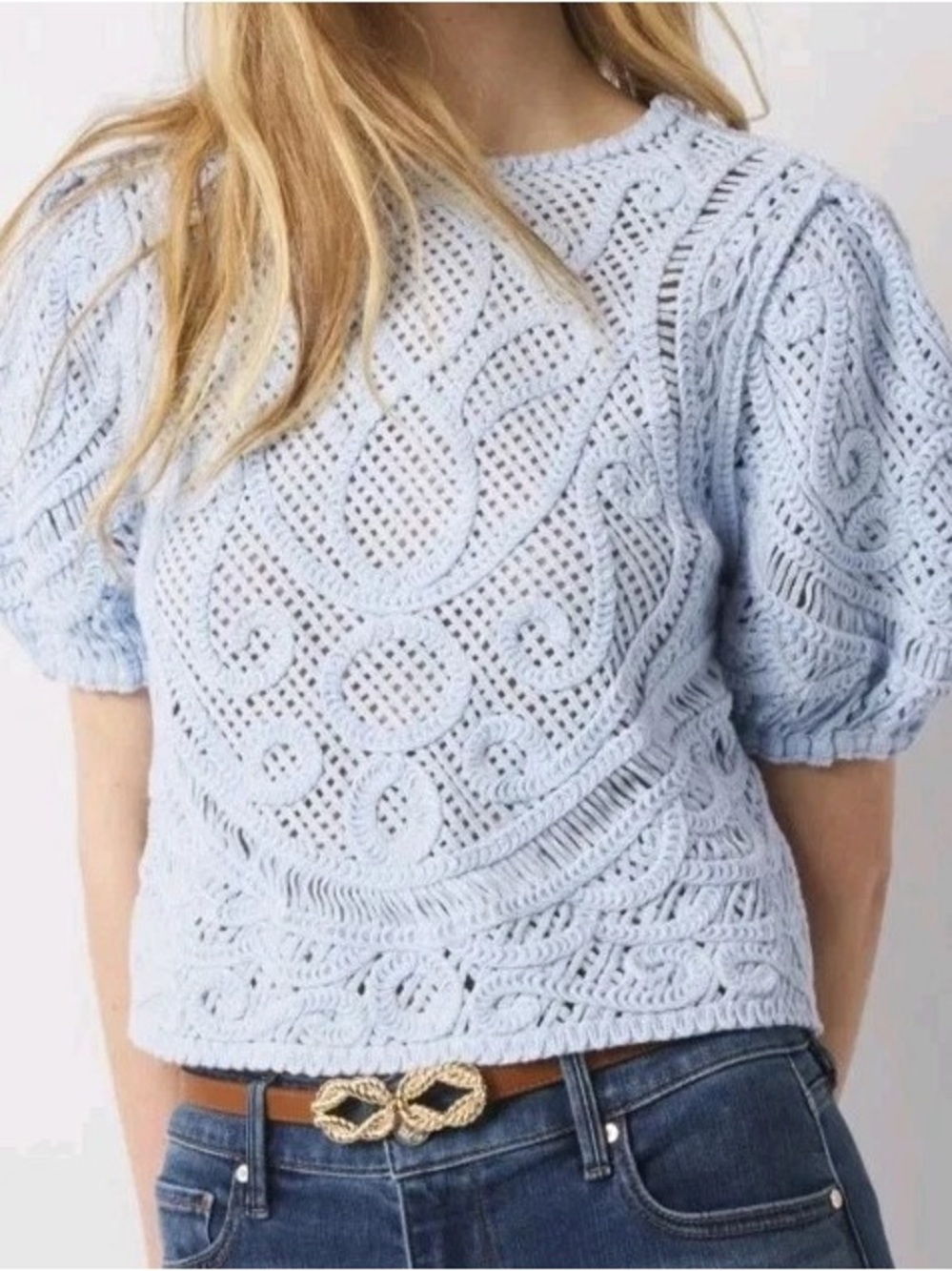 White House Black Market Sky Blue Crochet Puff-Sleeve Top